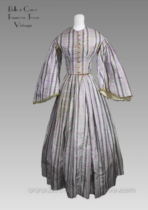 Original Civil War Era Dress 1860s Mauve Plaid Antique - Complimentary Secondary Mourning