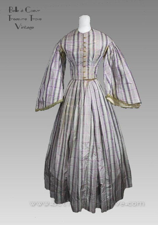 Original Civil War Era Dress 1860s Mauve Plaid Antique - Complimentary Secondary Mourning