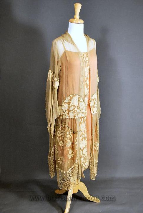 1920s 2-Piece Silk Art Deco Dinner Dress or Tea Gown with Lace Jacket