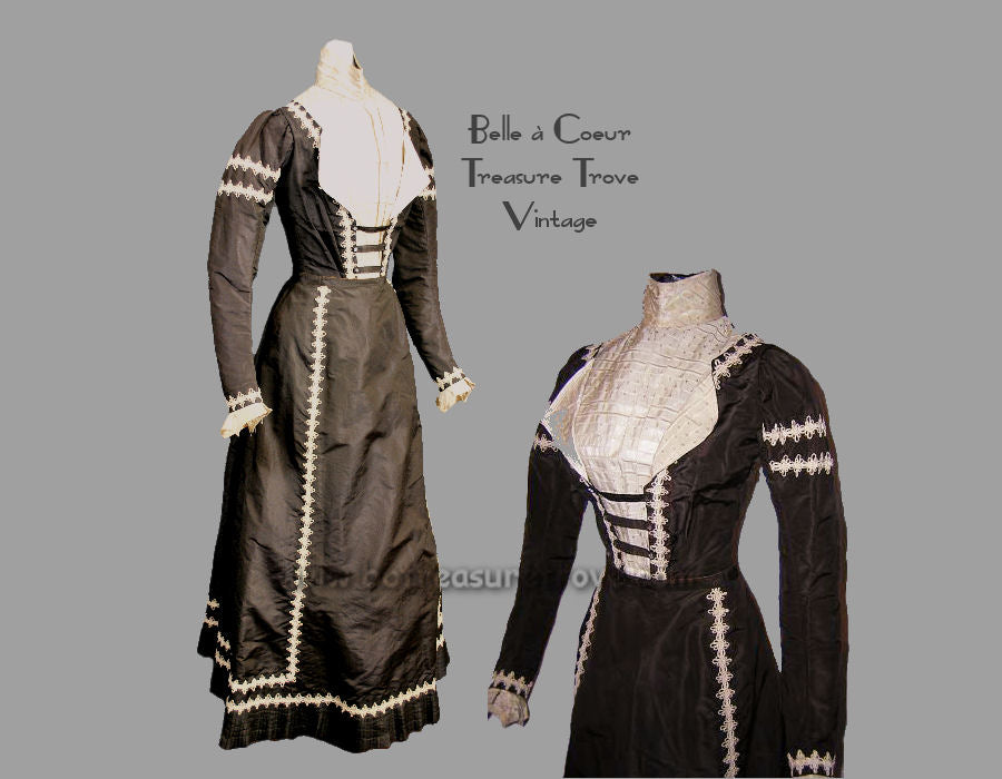 Brown and Cream Silk Antique Victorian Dress with Braid - Circa 1890