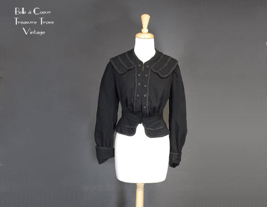 Antique Bodice Jacket Black Wool with Braided Trim Victorian Edwardian XXS