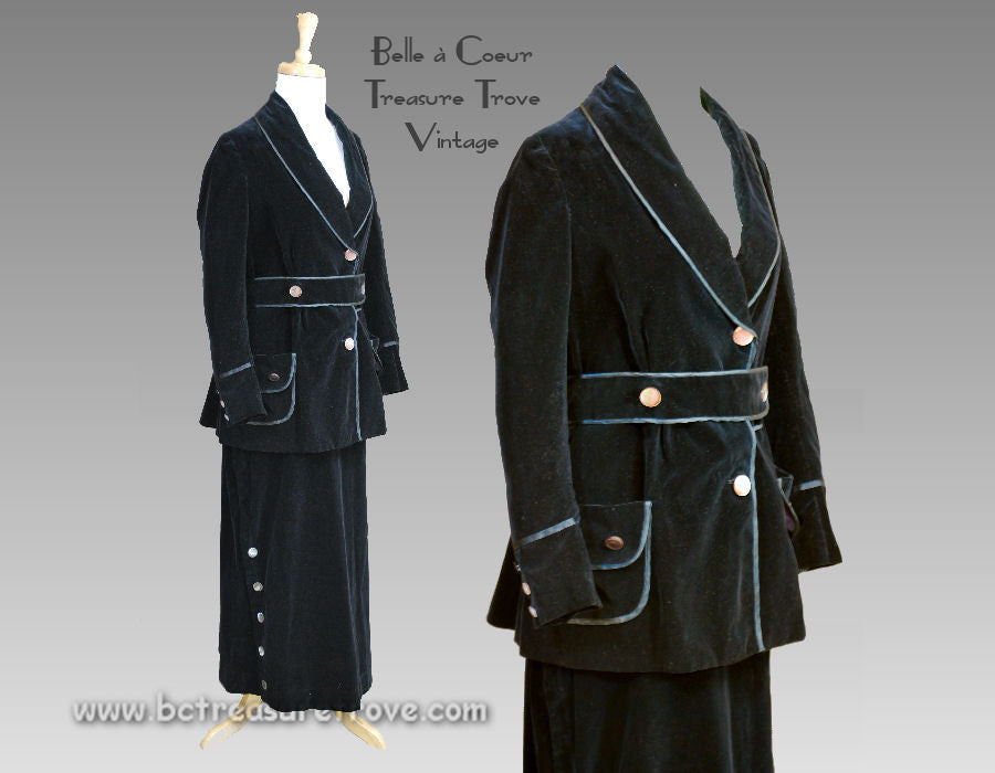 Dark Blue Velvet 2-Piece Edwardian 1915 Jacket & Skirt Suit - XS