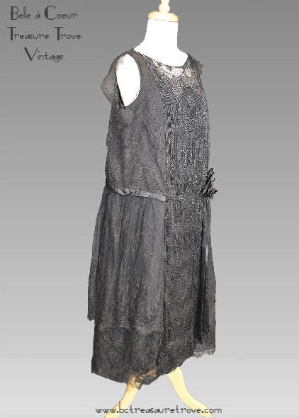 Antique Beaded 1920s Evening Dress Jet Black Beads, Silk, and Lace Flapper