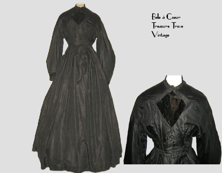 Antique Civil War Era Mourning Dress Circa 1860s Hoopskirt